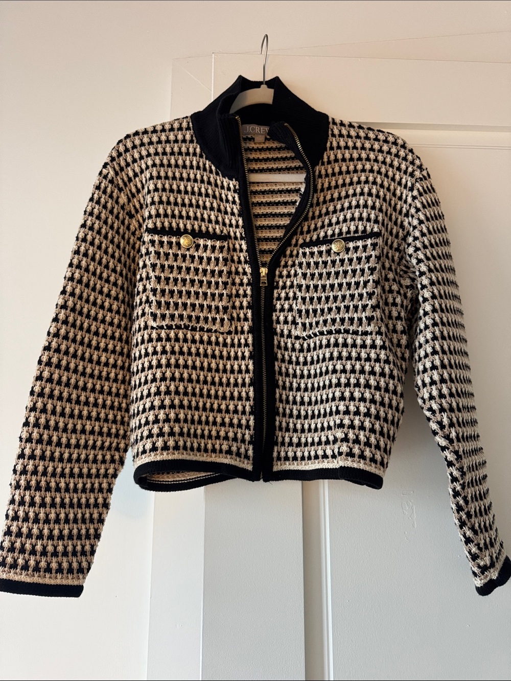 J. Crew Black and Cream Houndstooth Cropped Zip Jacket